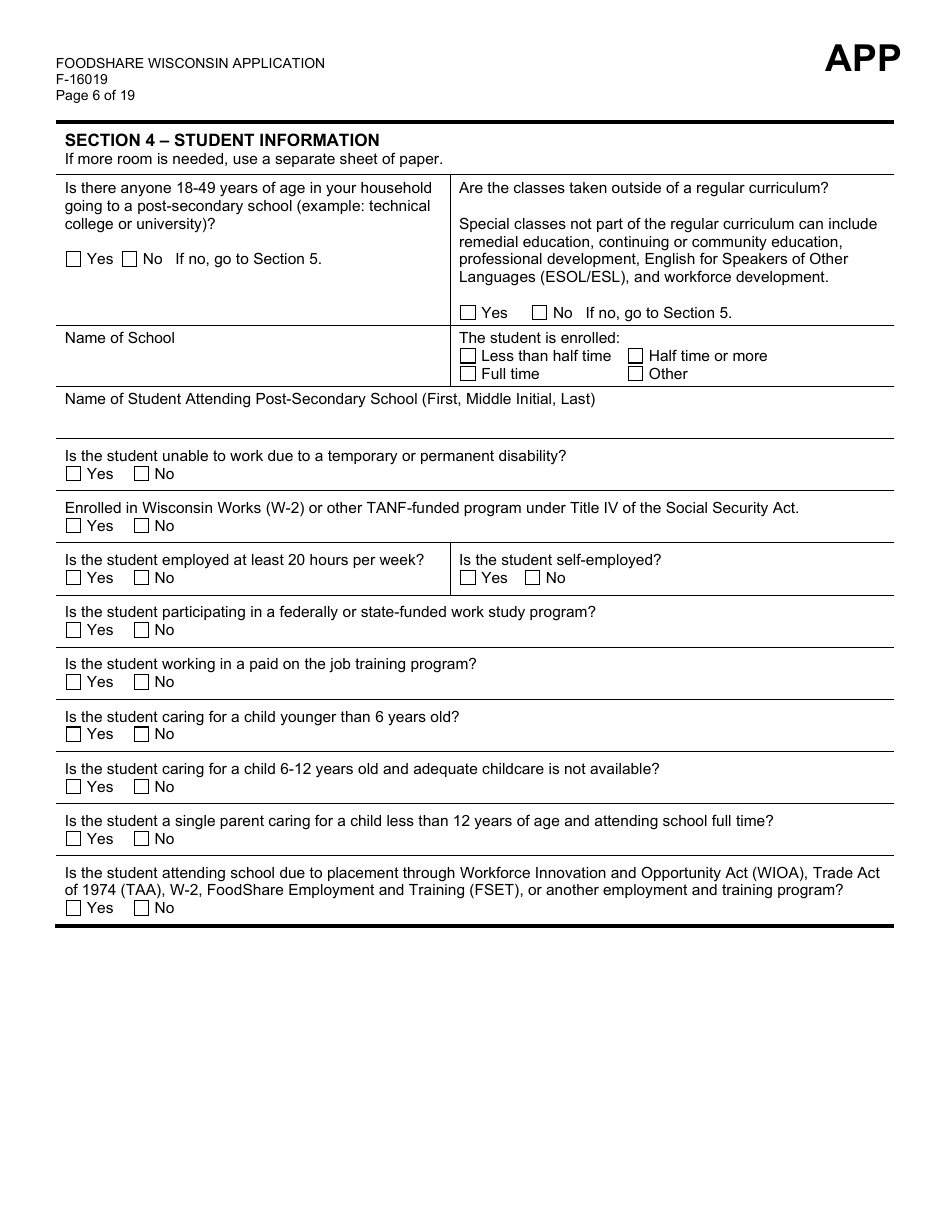 Form F-16019 Wisconsin Foodshare Application - Wisconsin, Page 6