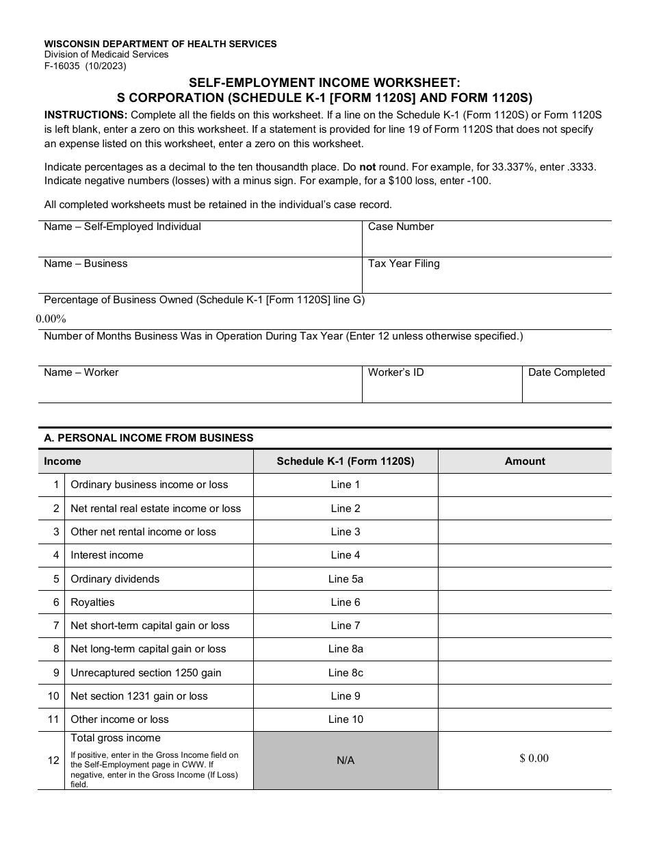 Form F-16035 Self-employment Income Worksheet: S Corporation (Schedule K-1 [form 1120s] and Form 1120s) - Wisconsin, Page 1