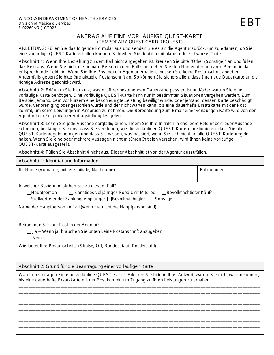 Form F-02260AG Temporary Quest Card Request - Wisconsin (German), Page 1
