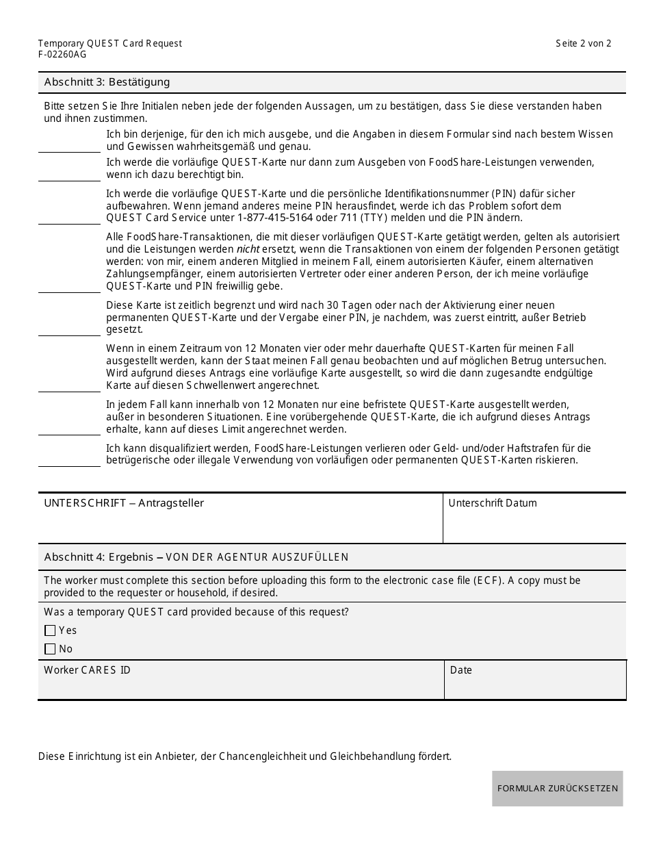 Form F-02260AG Temporary Quest Card Request - Wisconsin (German), Page 2