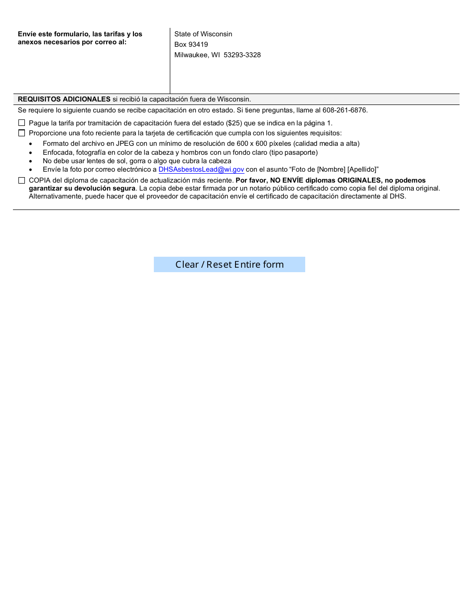 Formulario F-01989S Solicitud De Renovacion Para Trabajos Con Plomo - Certificacion Individual - Wisconsin (Spanish), Page 2