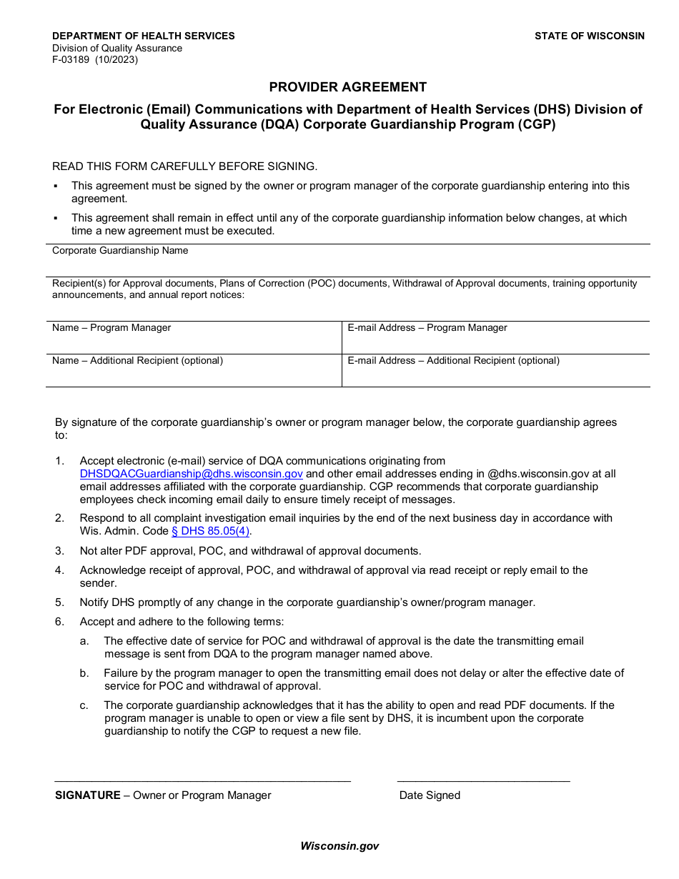 Form F-03189 Provider Agreement for Electronic (Email) Communications With Department of Health Services (DHS) Division of Quality Assurance (Dqa) Corporate Guardianship Program (Cgp) - Wisconsin, Page 1