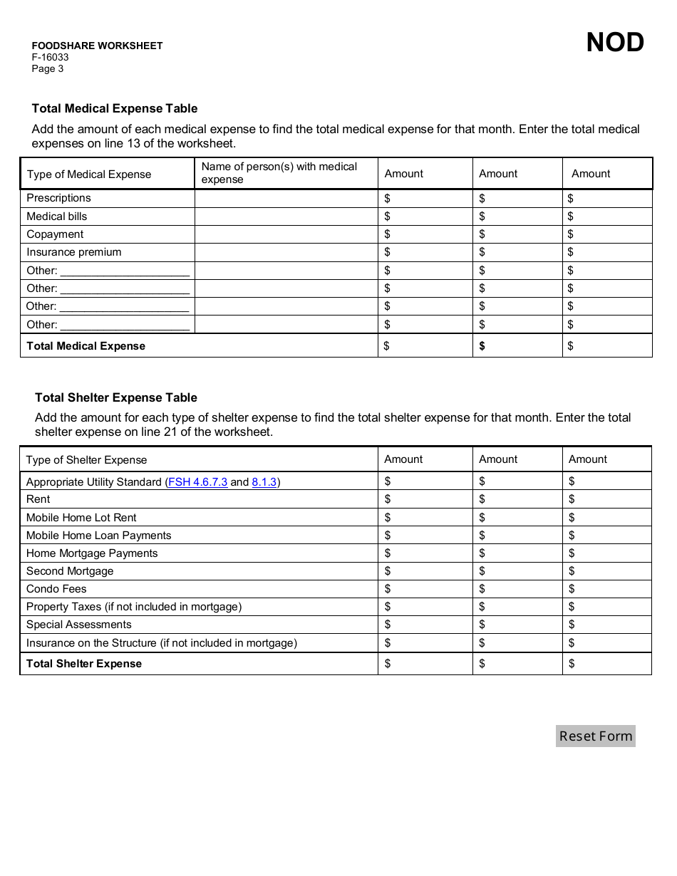 Form F-16033 Foodshare Worksheet - Wisconsin, Page 3