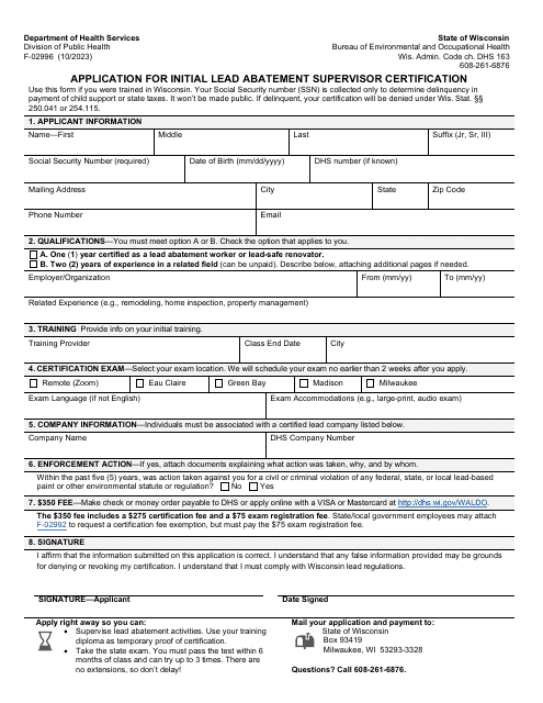Form F-02996 Application for Initial Lead Abatement Supervisor Certification - Wisconsin