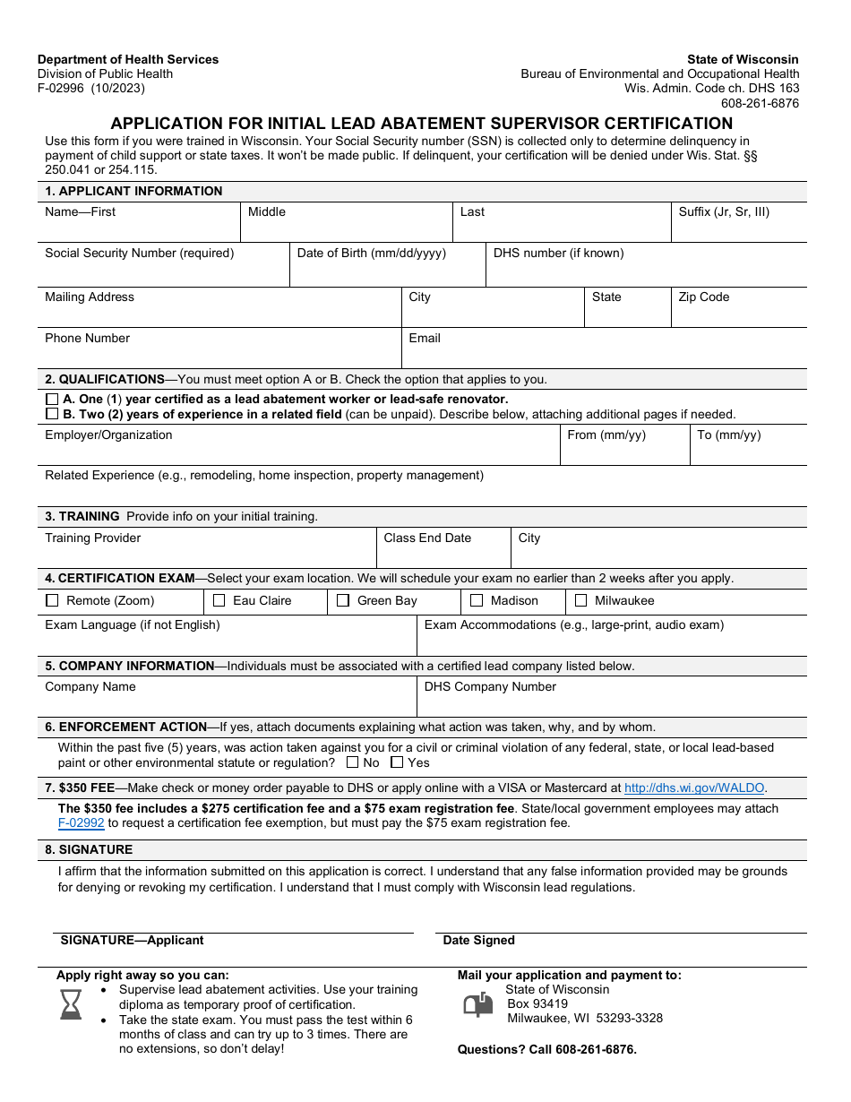 Form F-02996 Application for Initial Lead Abatement Supervisor Certification - Wisconsin, Page 1