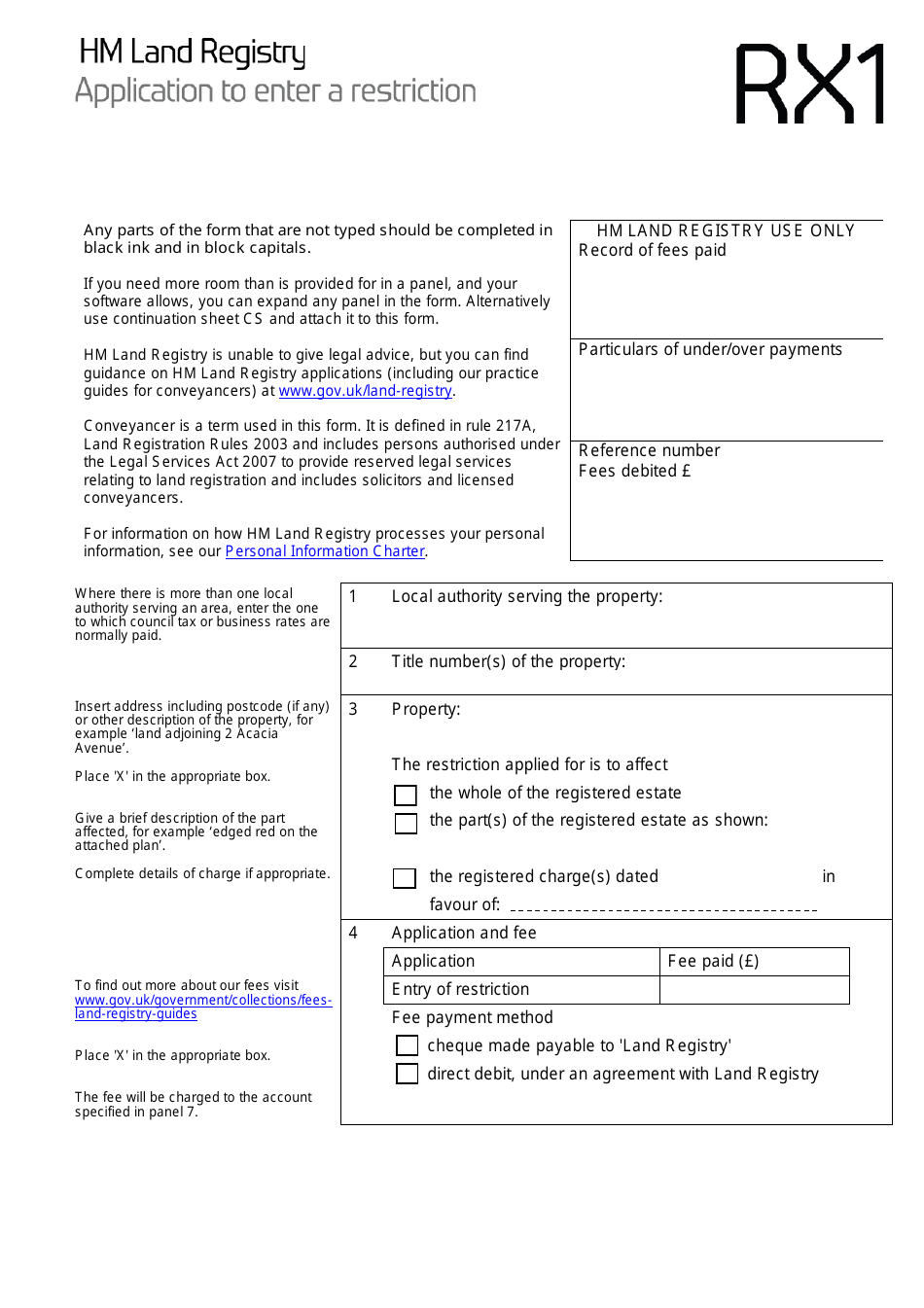 Form RX1 Application to Enter a Restriction - United Kingdom, Page 1