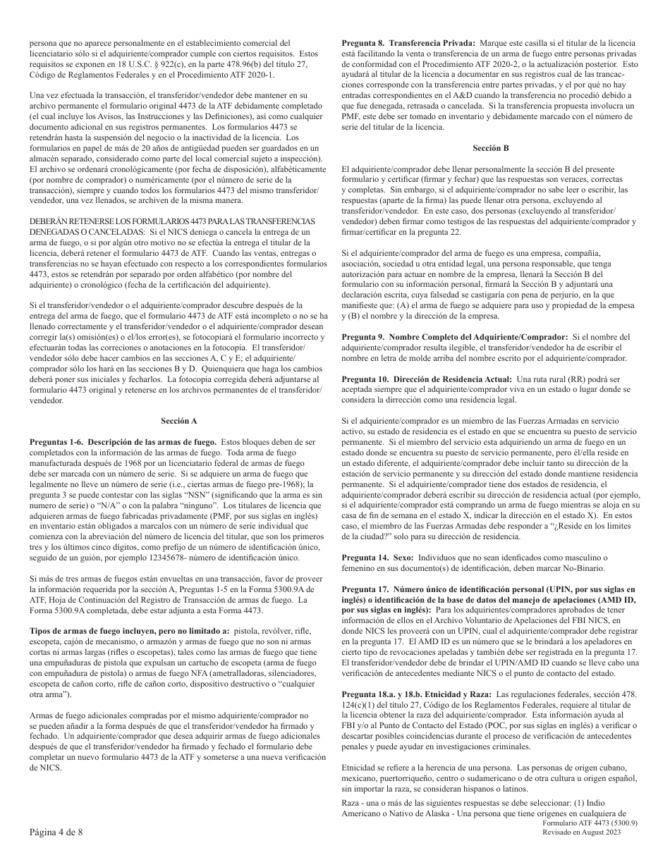 ATF Formulario 4473 (5300.9) Registro De Transaccion De Armas De Fuego (Spanish), Page 4