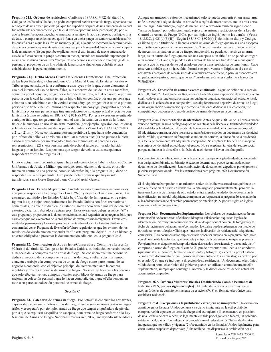 ATF Formulario 4473 (5300.9) Registro De Transaccion De Armas De Fuego (Spanish), Page 6