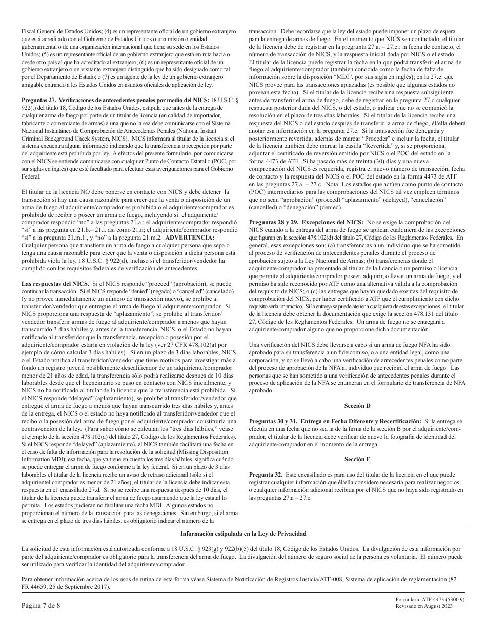 ATF Formulario 4473 (5300.9) Registro De Transaccion De Armas De Fuego (Spanish), Page 7