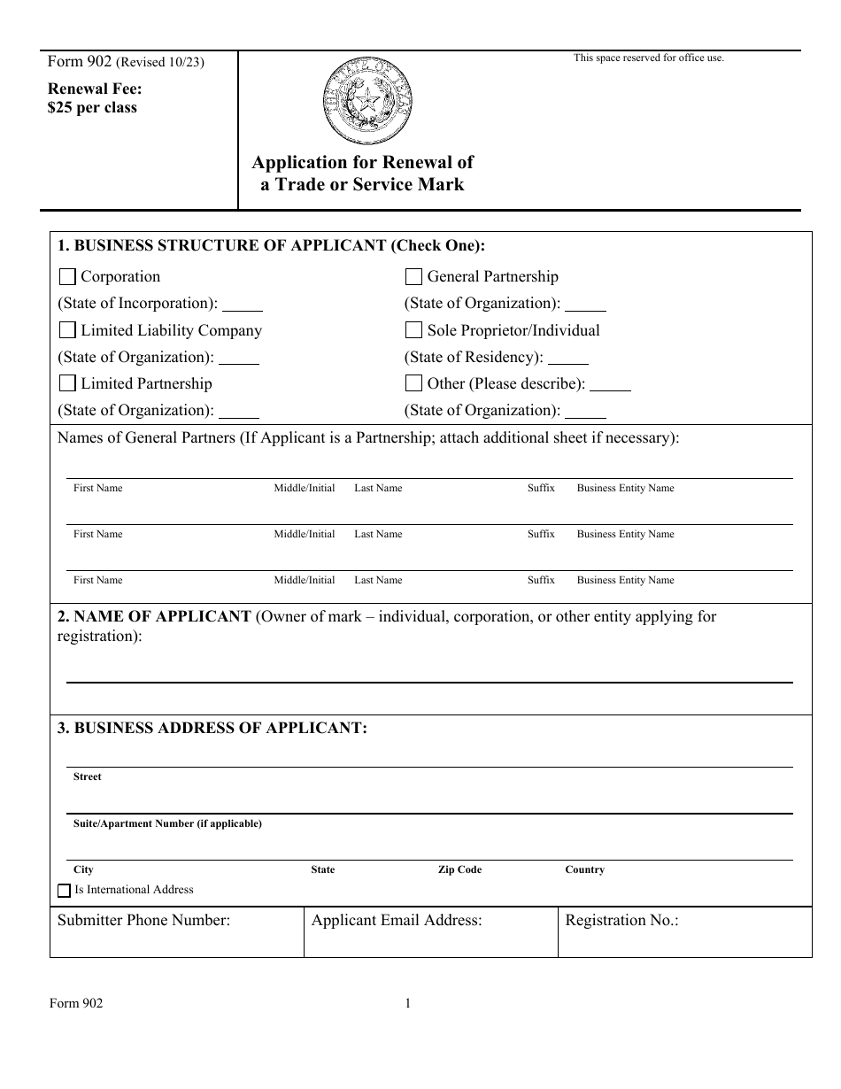 Form 902 Application for Renewal of a Trade or Service Mark - Texas, Page 1