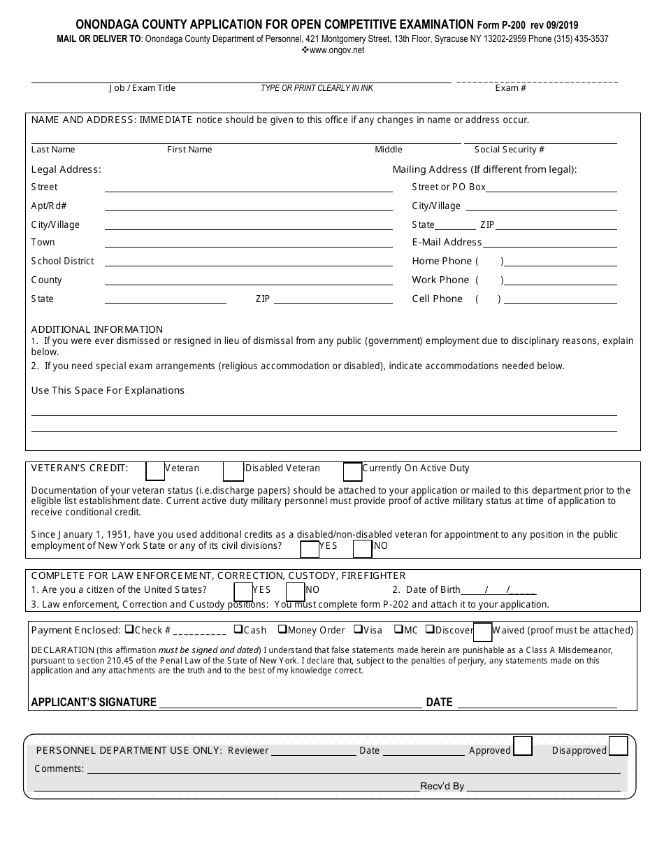 Form P-200 Application for Open Competitive Examination - Onondaga County, New York, Page 1