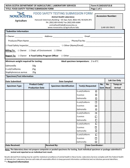 Form LSAD101F10.8 Food Safety Testing Submission Form - Nova Scotia, Canada