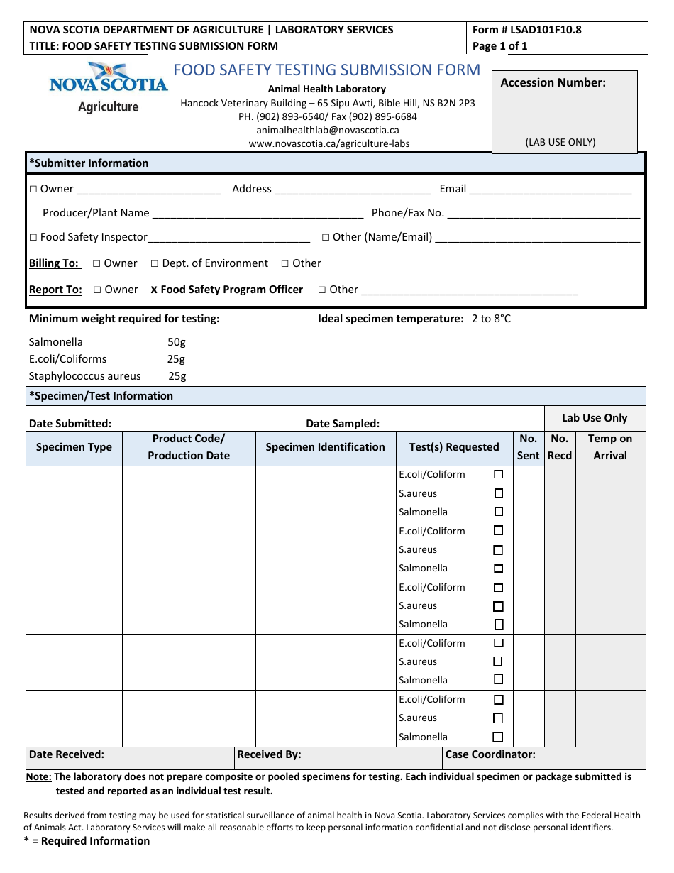 Form LSAD101F10.8 Food Safety Testing Submission Form - Nova Scotia, Canada, Page 1