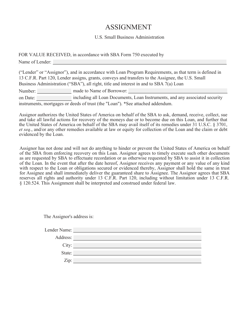 SBA Assignment Form, Page 1