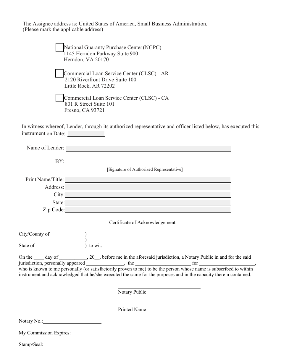 SBA Assignment Form, Page 2