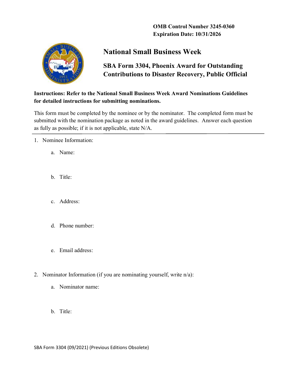SBA Form 3304 Nomination Form for Phoenix Award for Outstanding Contributions to Disaster Recovery, Public Official Award - National Small Business Week, Page 1
