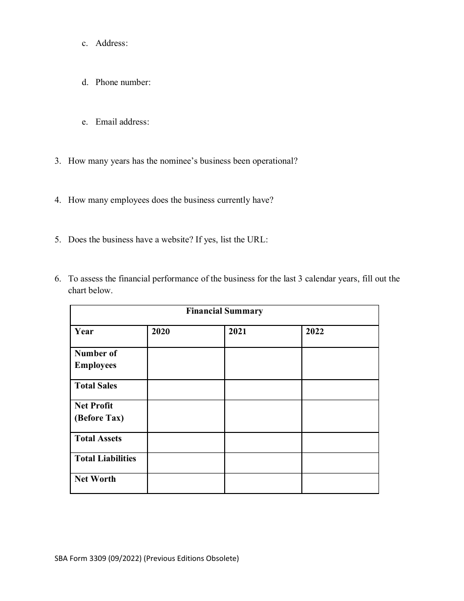 SBA Form 3309 Nomination Form for 8(A) Graduate of the Year Award - National Small Business Week, Page 2
