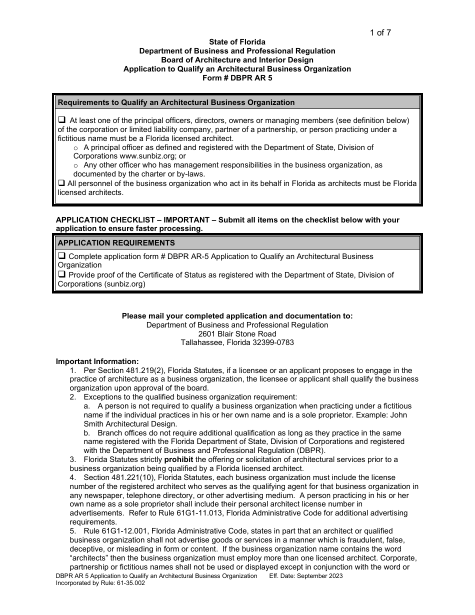 Form DBPR AR5 Application to Qualify an Architectural Business Organization - Florida, Page 1