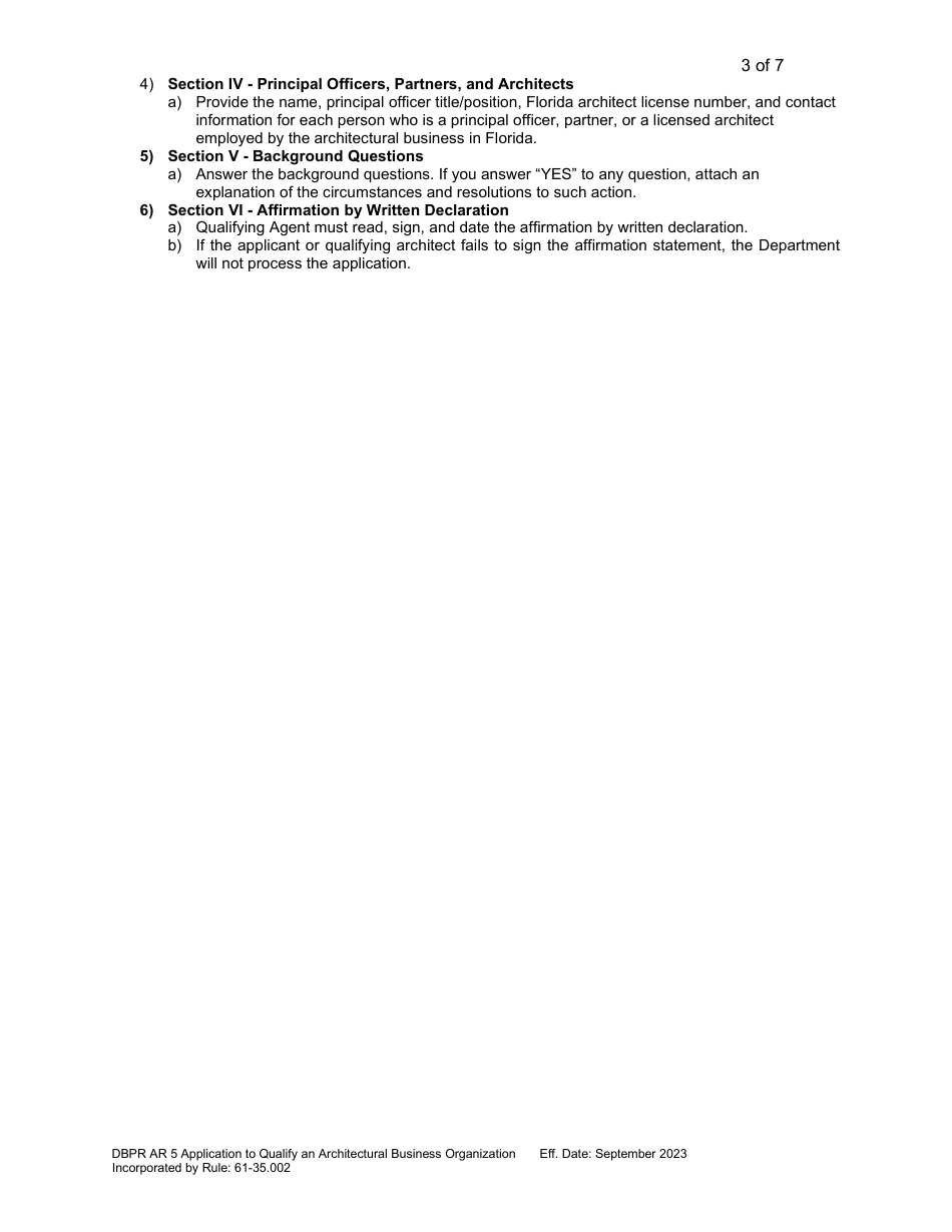 Form DBPR AR5 Application to Qualify an Architectural Business Organization - Florida, Page 3