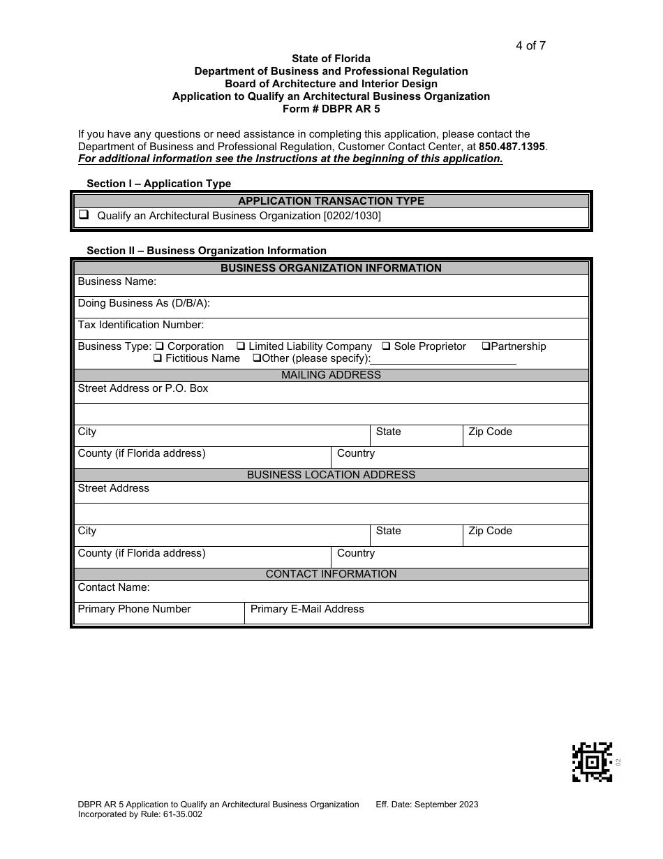 Form DBPR AR5 Application to Qualify an Architectural Business Organization - Florida, Page 4