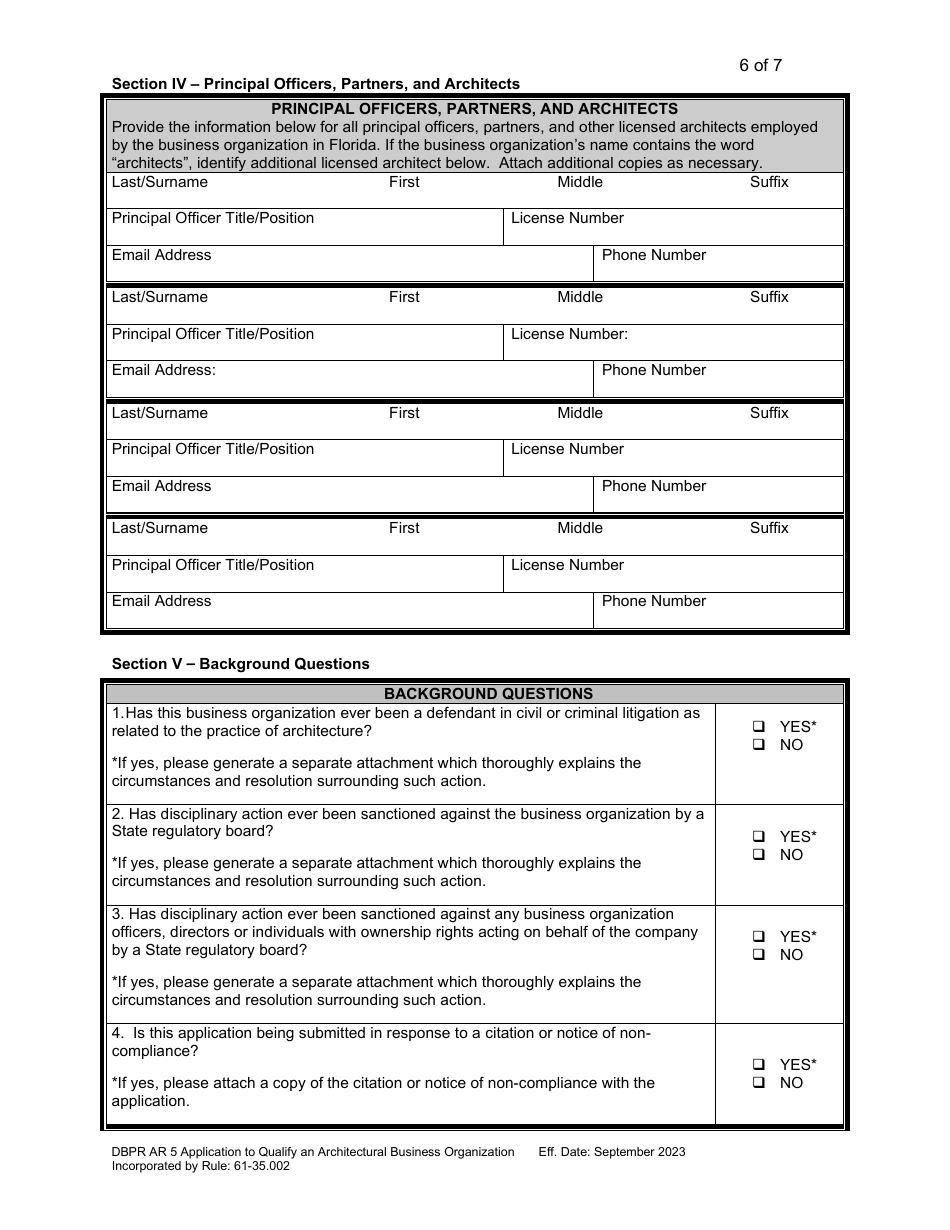 Form DBPR AR5 Application to Qualify an Architectural Business Organization - Florida, Page 6