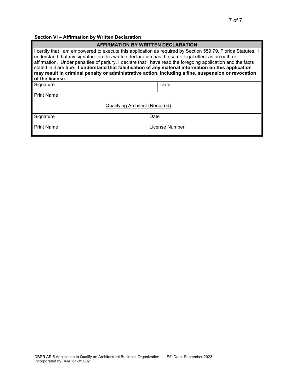 Form DBPR AR5 Application to Qualify an Architectural Business Organization - Florida, Page 7