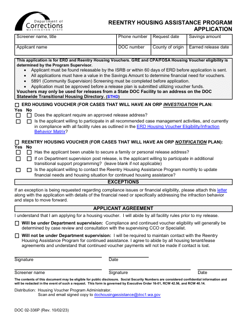 Form DOC02-336 Reentry Housing Assistance Program Application - Washington