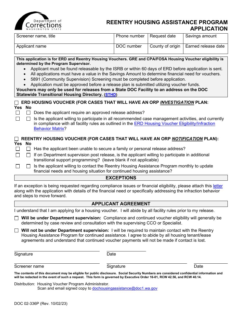 Form DOC02-336 Reentry Housing Assistance Program Application - Washington, Page 1