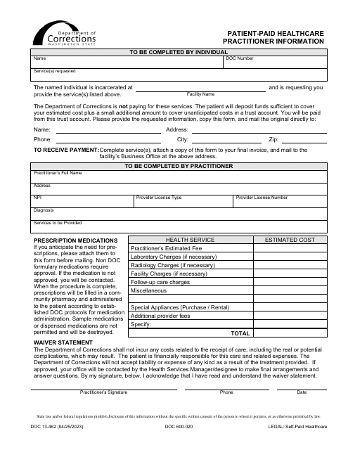Form DOC13-462 Patient-Paid Healthcare Practitioner Information - Washington