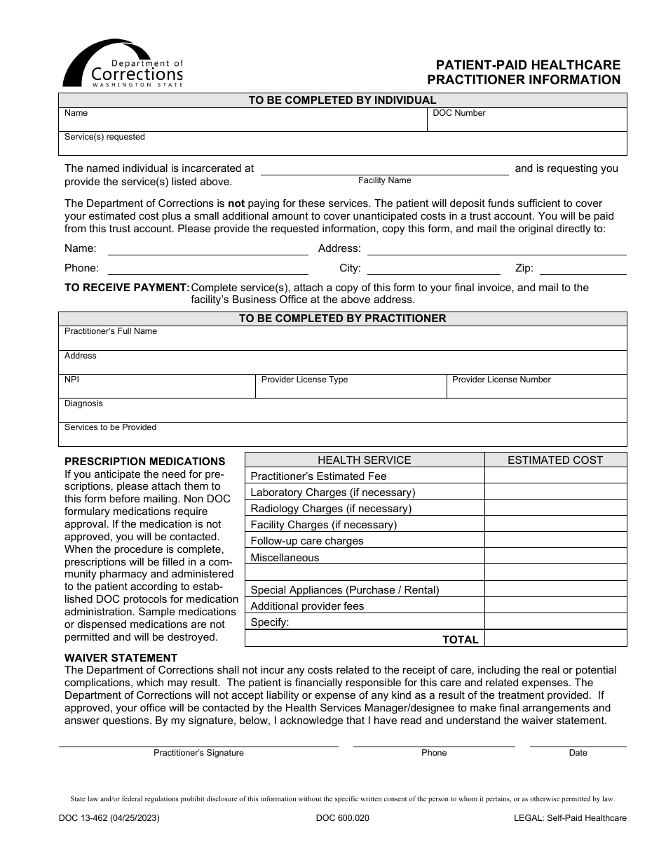 Form DOC13-462 Patient-Paid Healthcare Practitioner Information - Washington, Page 1