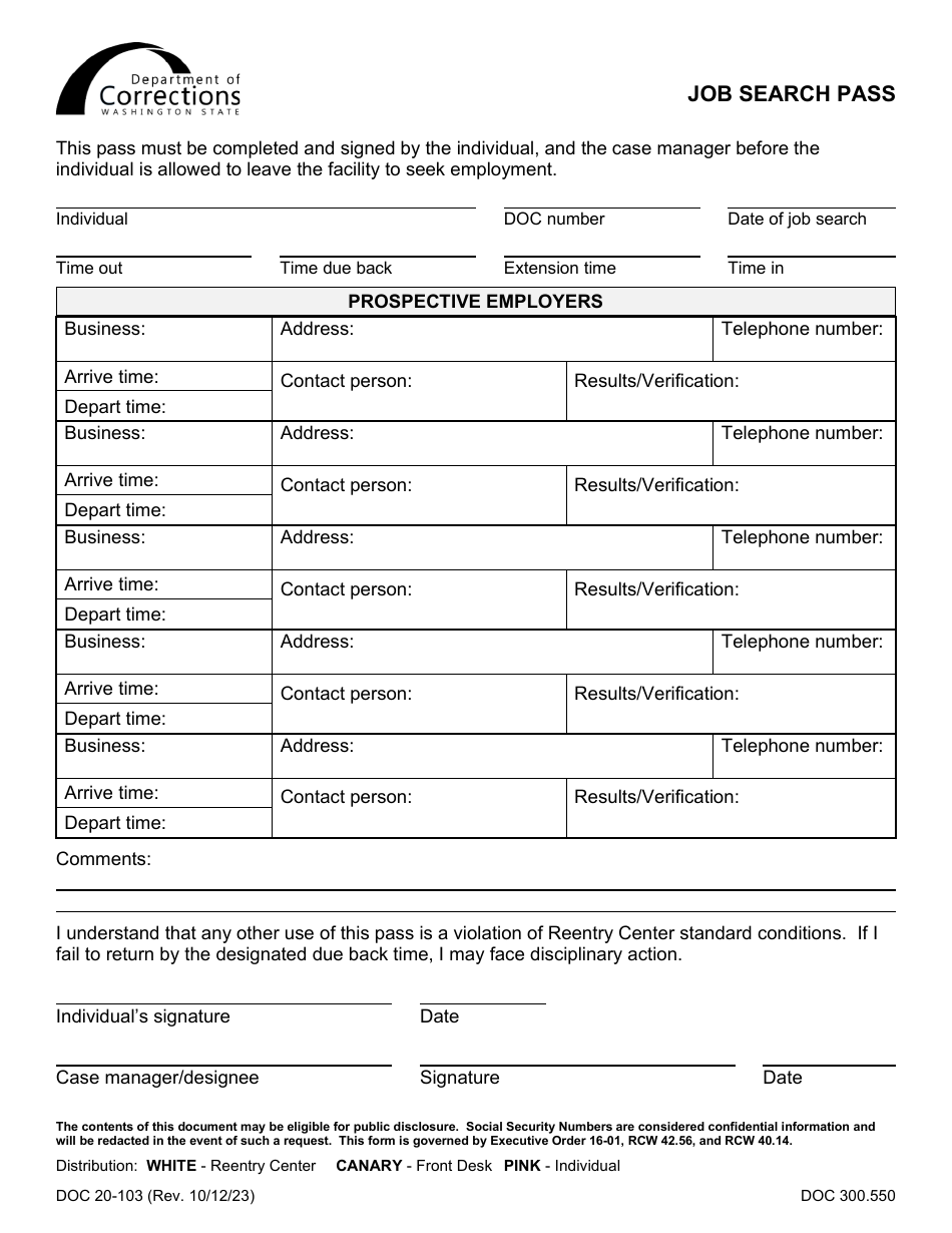 Form DOC20-103 Job Search Pass - Washington, Page 1
