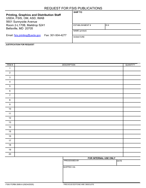 FSIS Form 2680-8  Printable Pdf