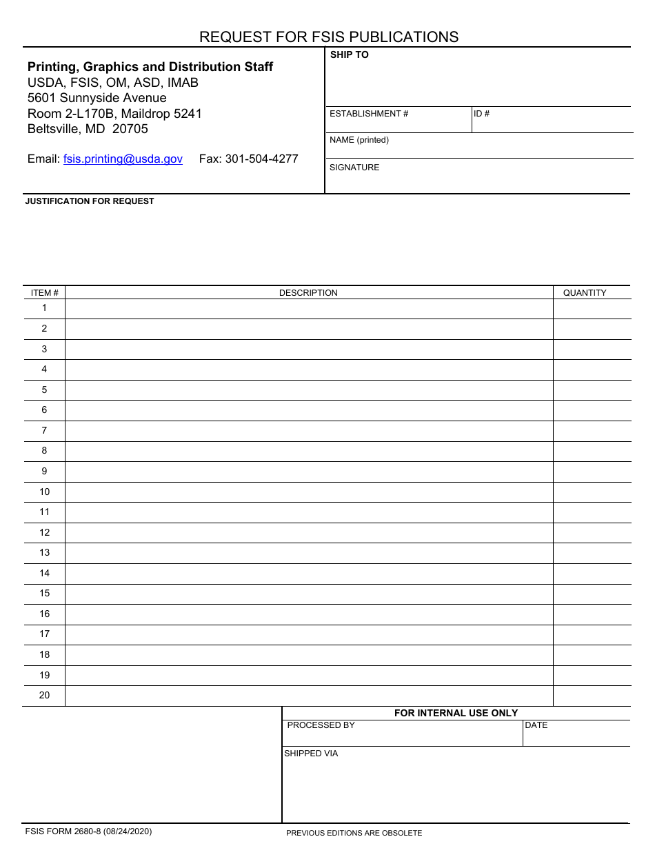 FSIS Form 2680-8 Request for FSIS Publications, Page 1