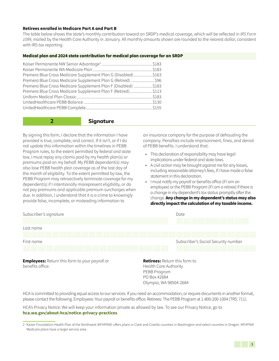 Form HCA50-0704 Pebb Declaration of Tax Status - Washington, Page 3
