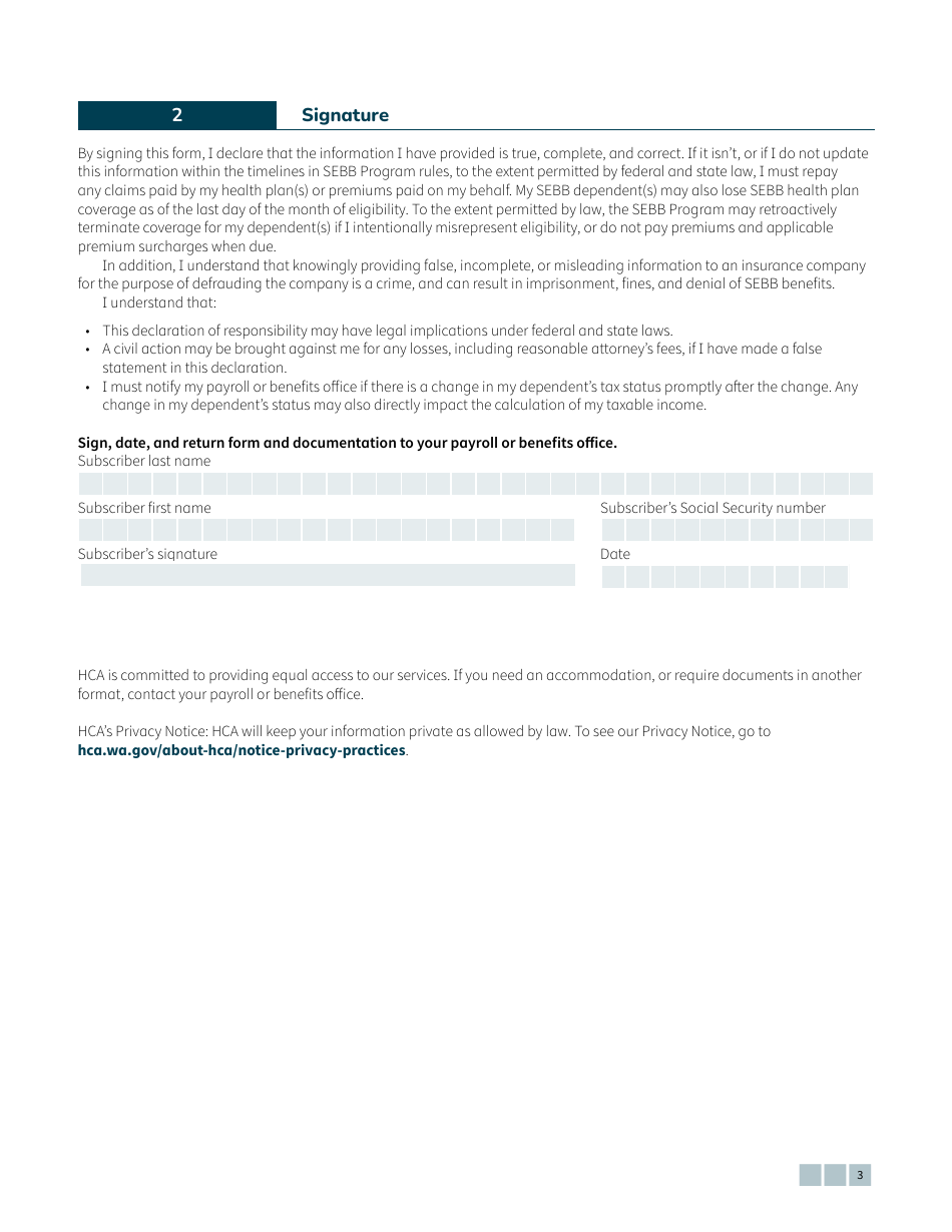 Form HCA20-0087 Sebb Declaration of Tax Status - Washington, Page 3