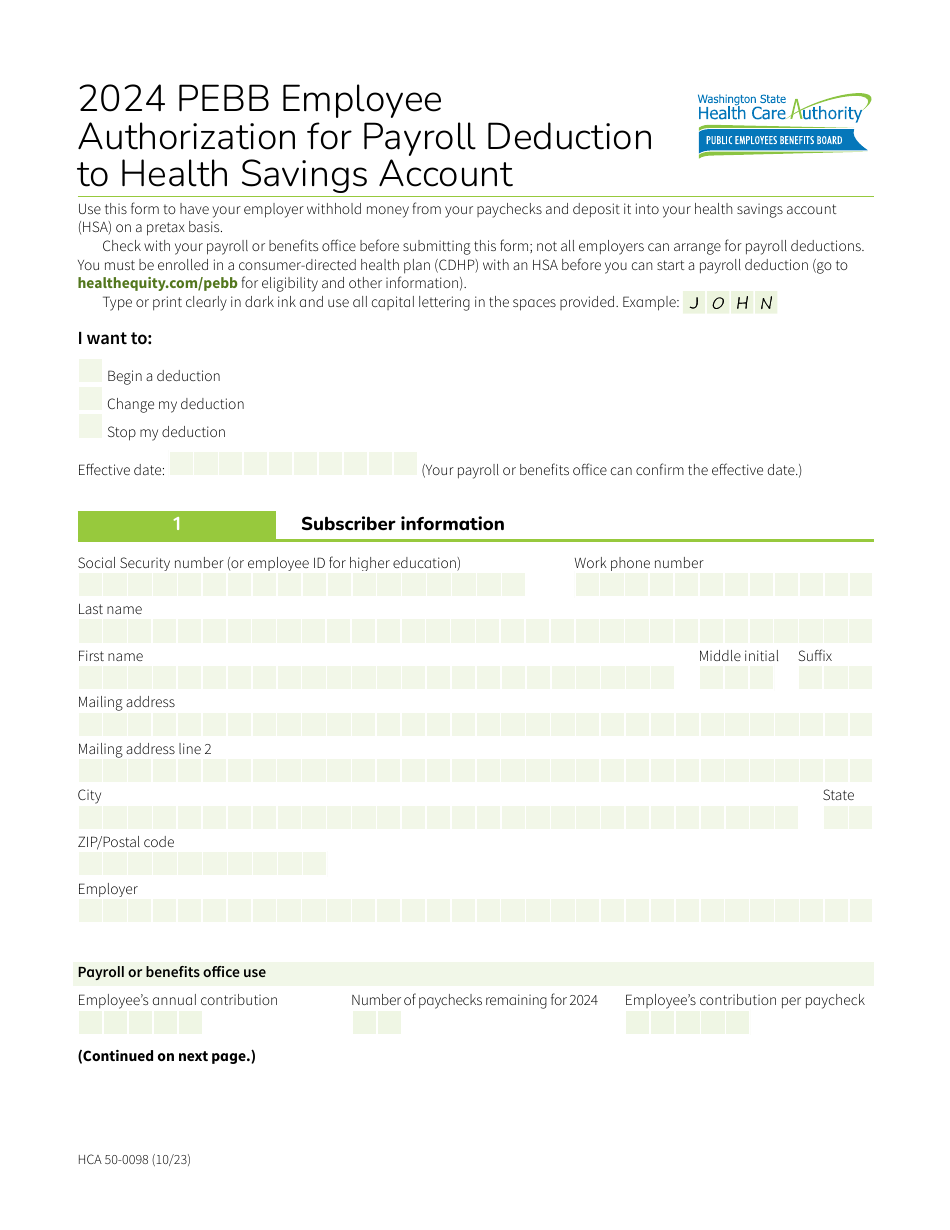 Form HCA50-0098 Pebb Employee Authorization for Payroll Deduction to Health Savings Account - Washington, Page 1
