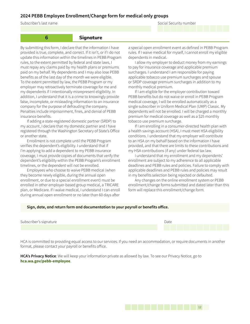 Form HCA52-0030 Pebb Employee Enrollment / Change Form for Medical Only Groups - Washington, Page 12