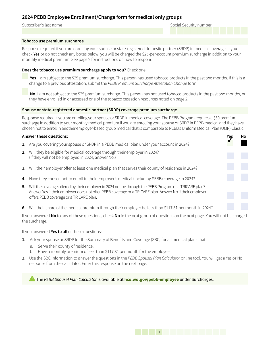 Form HCA52-0030 Pebb Employee Enrollment / Change Form for Medical Only Groups - Washington, Page 4