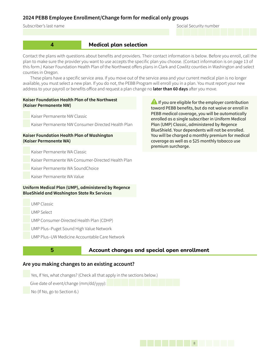 Form HCA52-0030 Pebb Employee Enrollment / Change Form for Medical Only Groups - Washington, Page 8