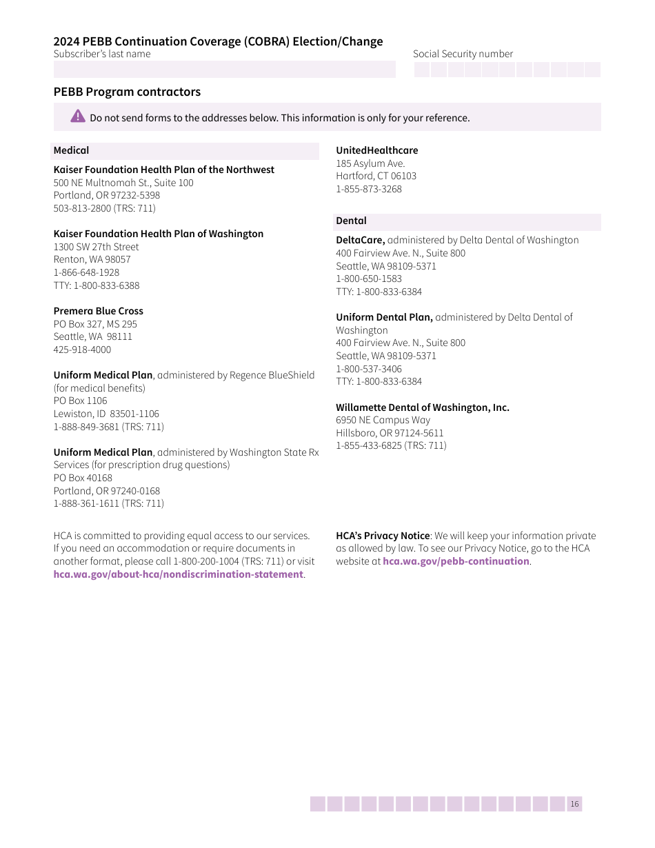 Form HCA50-0136 Pebb Continuation Coverage (Cobra) Election / Change - Washington, Page 16