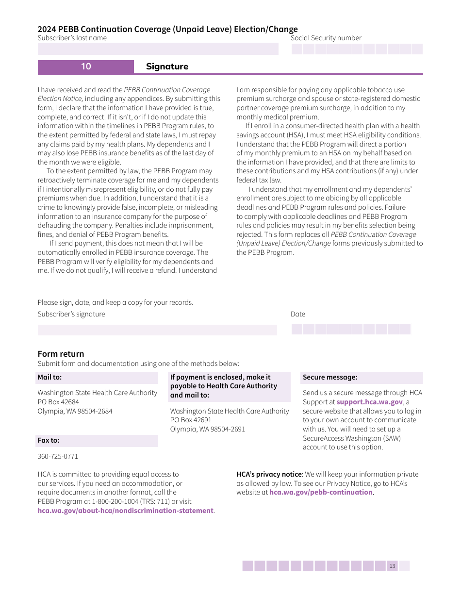 Form HCA50-0135 Pebb Continuation Coverage (Unpaid Leave) Election / Change - Washington, Page 13