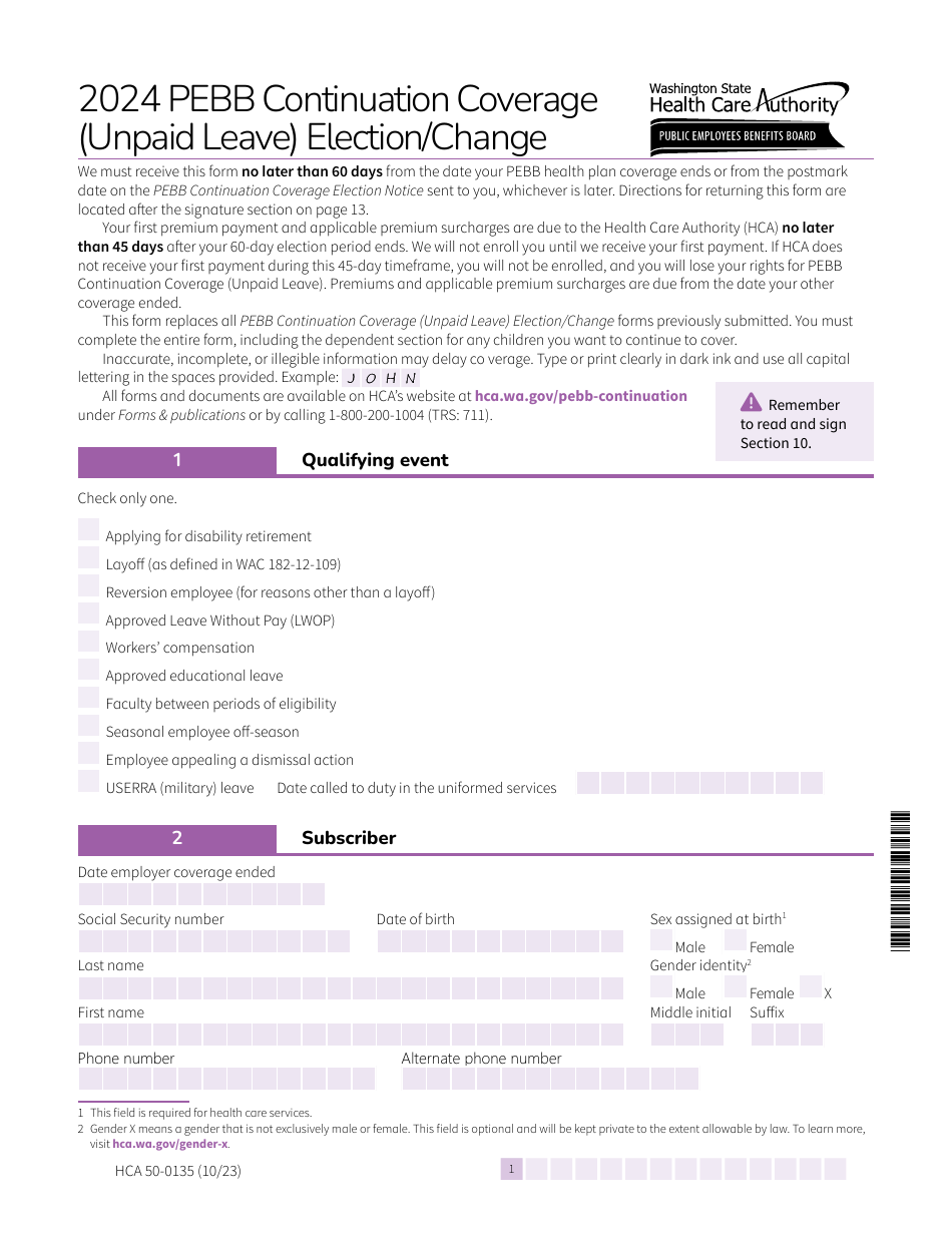 Form HCA50-0135 Pebb Continuation Coverage (Unpaid Leave) Election / Change - Washington, Page 1