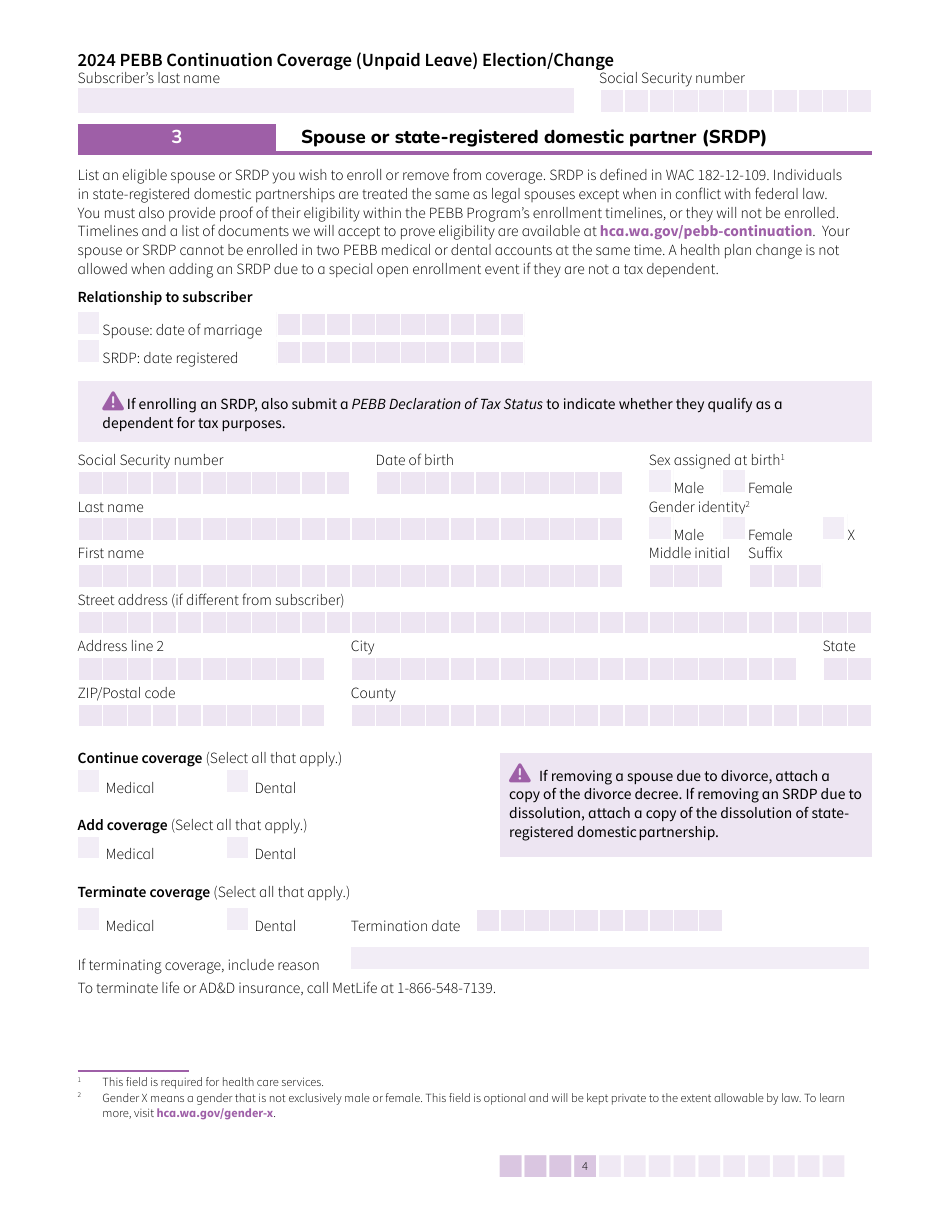 Form HCA50-0135 Pebb Continuation Coverage (Unpaid Leave) Election / Change - Washington, Page 4