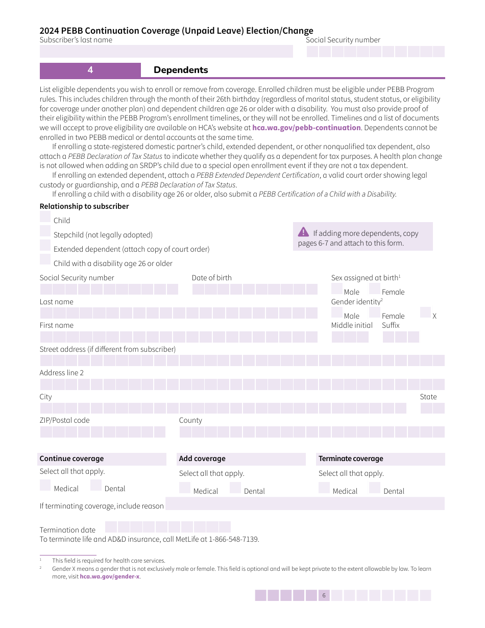 Form HCA50-0135 Pebb Continuation Coverage (Unpaid Leave) Election / Change - Washington, Page 6