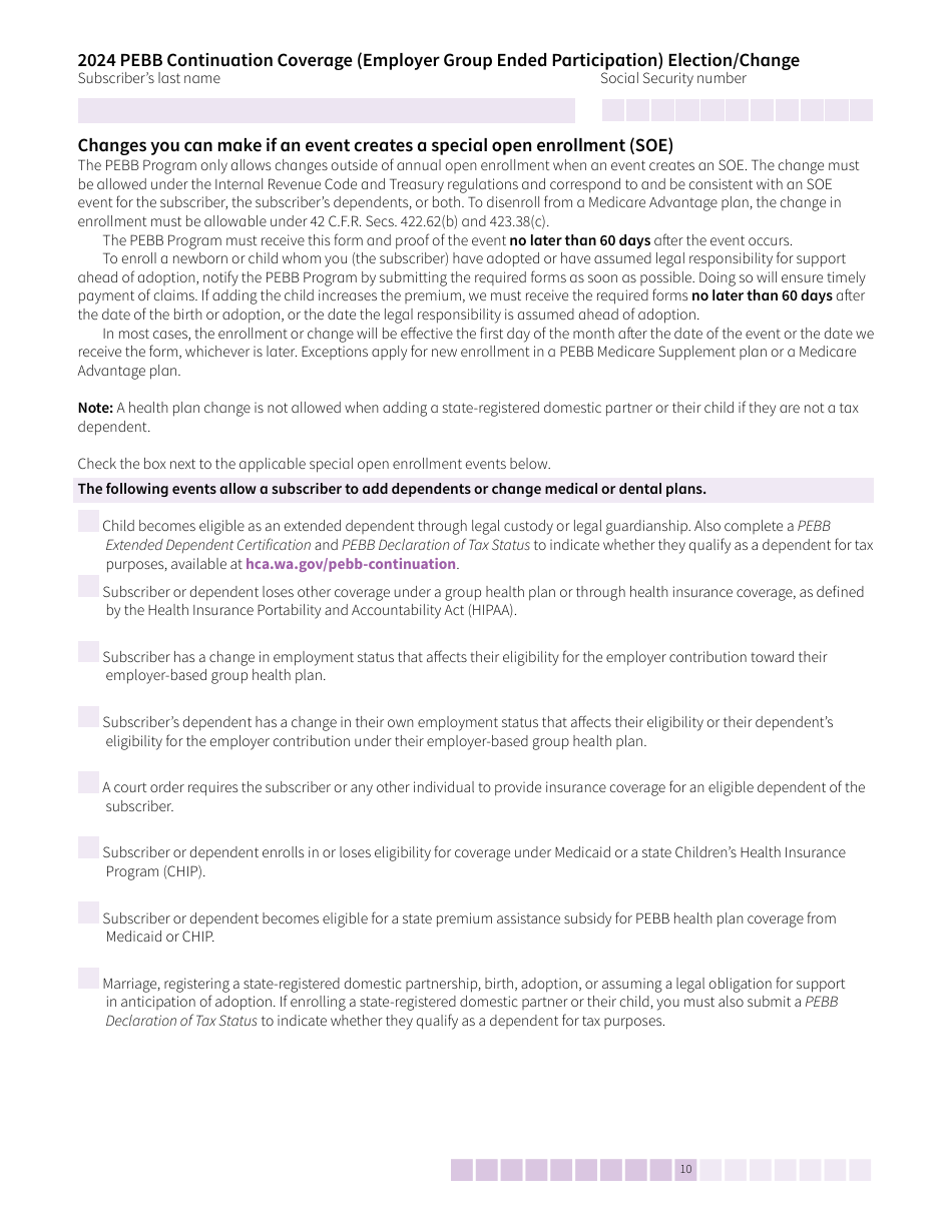Form HCA50-0104 Pebb Continuation Coverage (Employer Group Ended Participation) Election / Change - Washington, Page 10