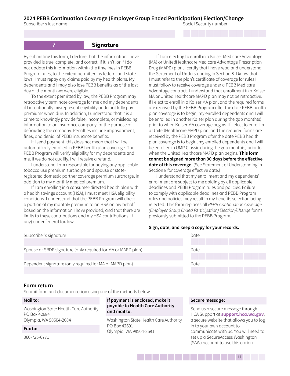 Form HCA50-0104 Pebb Continuation Coverage (Employer Group Ended Participation) Election / Change - Washington, Page 14