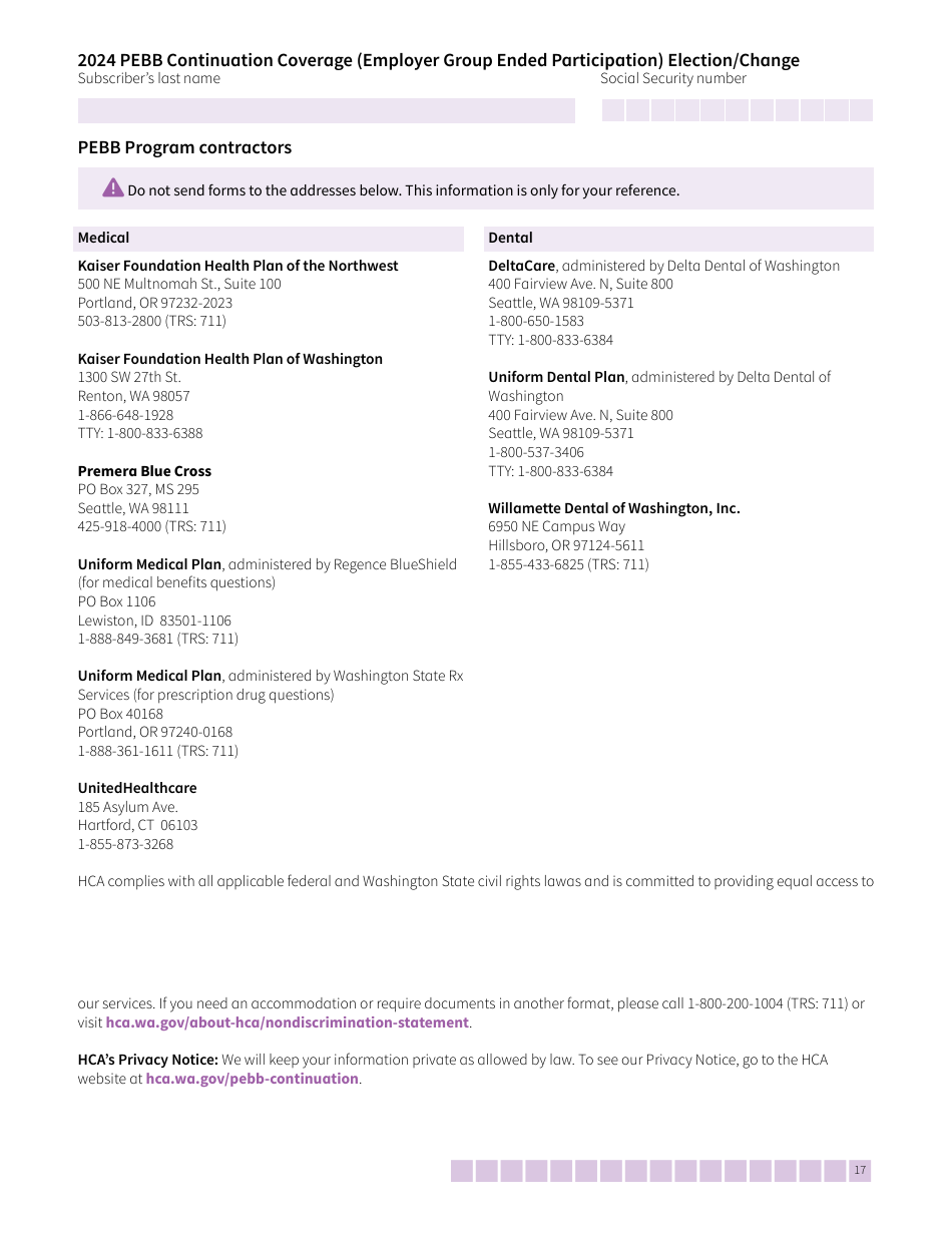 Form HCA50-0104 Pebb Continuation Coverage (Employer Group Ended Participation) Election / Change - Washington, Page 17