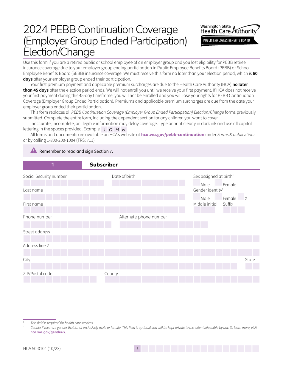 Form HCA50-0104 Pebb Continuation Coverage (Employer Group Ended Participation) Election / Change - Washington, Page 1