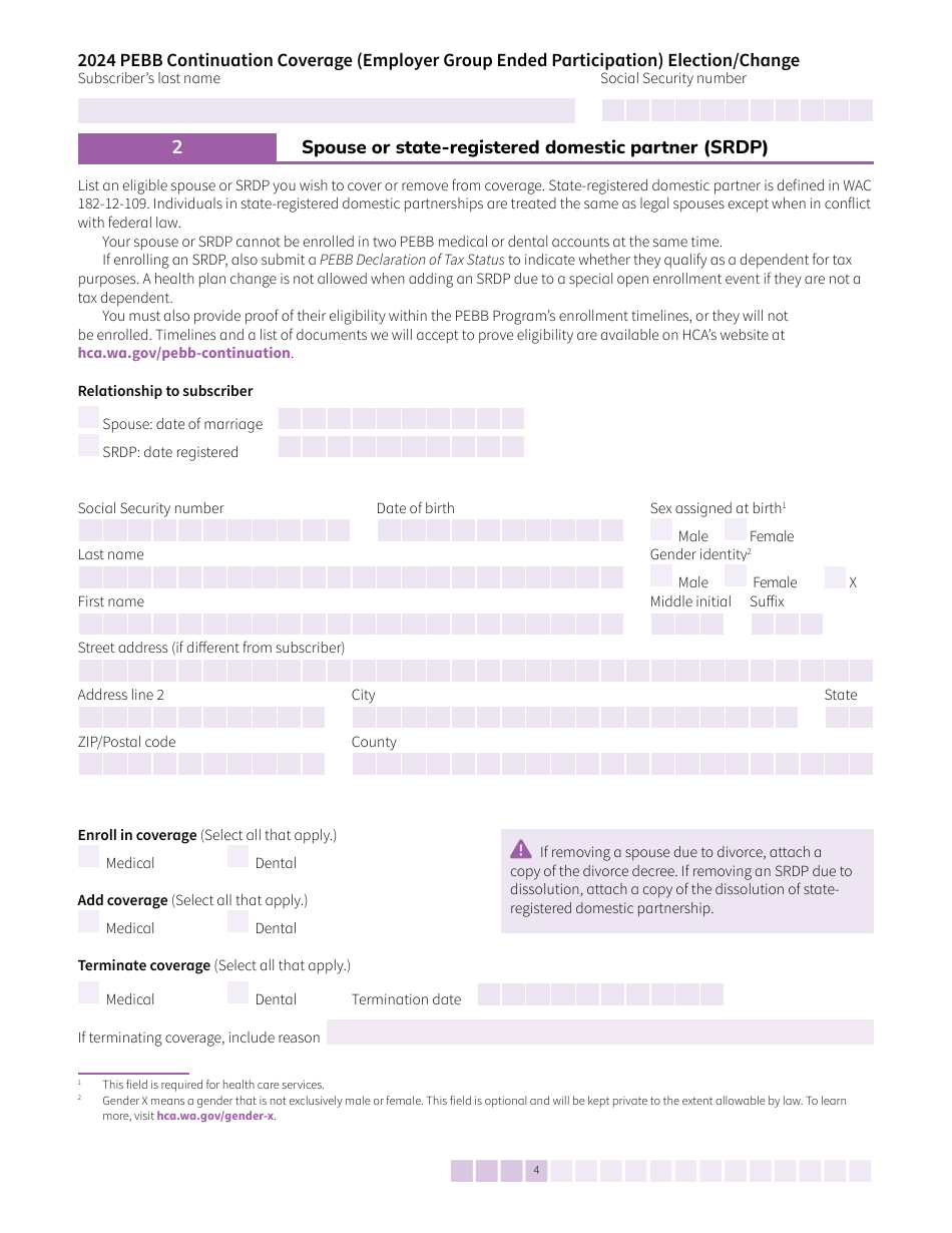 Form HCA50-0104 Pebb Continuation Coverage (Employer Group Ended Participation) Election / Change - Washington, Page 4