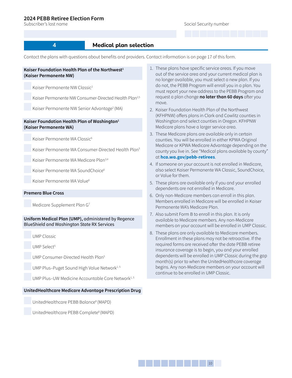 Form A (HCA51-4031) Pebb Retiree Election Form - Washington, Page 10